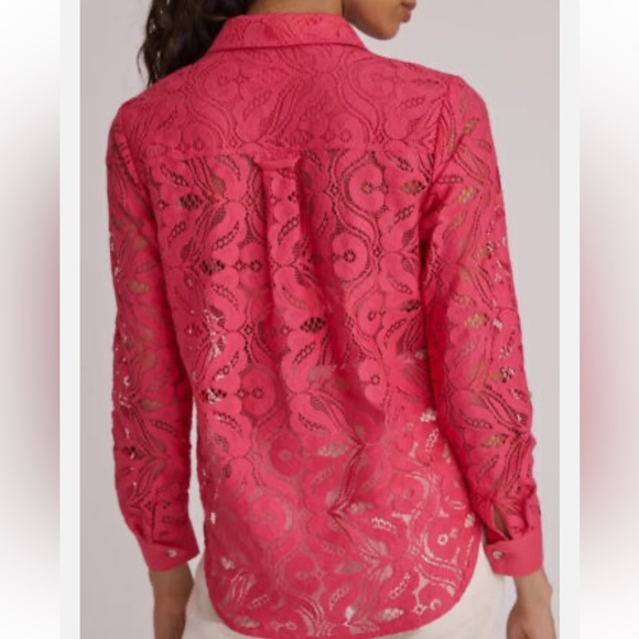 ANTRHRO MAEVE 10 Pink Button-down Open Lace Blouse with roll tab sleeves in EUC - Picture 3 of 9